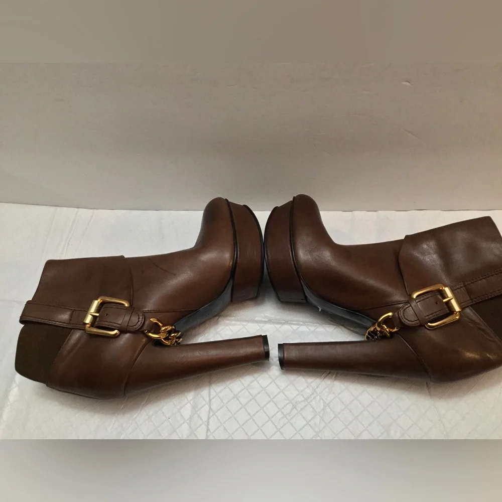 Donald J. Pliner Brown Leather Ankle Booties with Gold Buckle